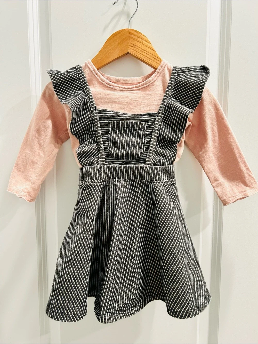 Pink Top with Black Pinstripe Ruffle Pinafore